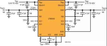 图 1：LT8650S 原理图 ─ 在 2MHz 时提供 5V/5A 和 3.3V/4A 输出