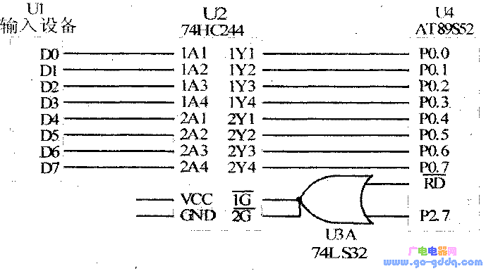 采用74HC244芯片进行简单输入接口扩展的原理电路图