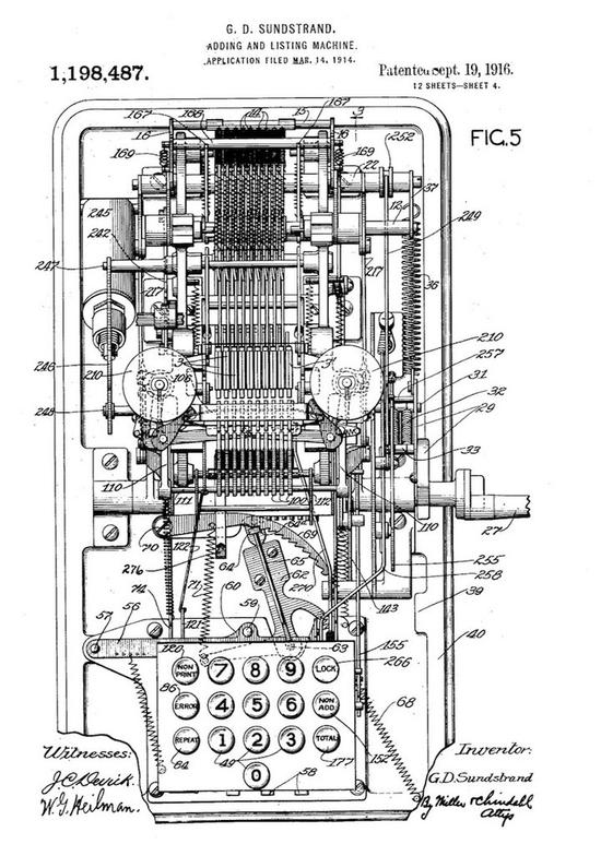 ▲ 计算器键盘布局早期的专利，图片来自：美国专利与商标局
