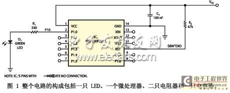 整个电路的构成包括一只 LED、一个微处理器、二只电阻器和一只电容器